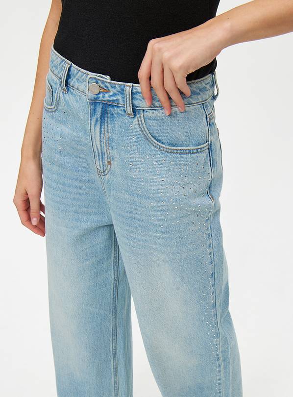Light Wash Embellished Wide Leg Denim Jeans 14L
